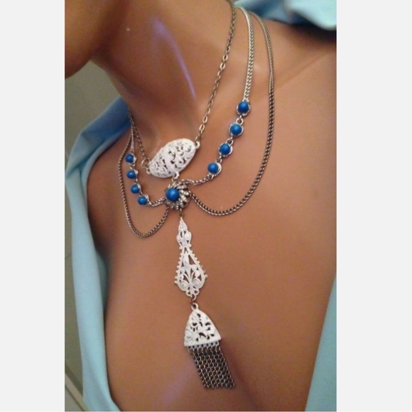 OOAK Artisan Vintage White/Blue Victorian Festoon Style Assemblage Drop Necklace - Picture 6 of 8